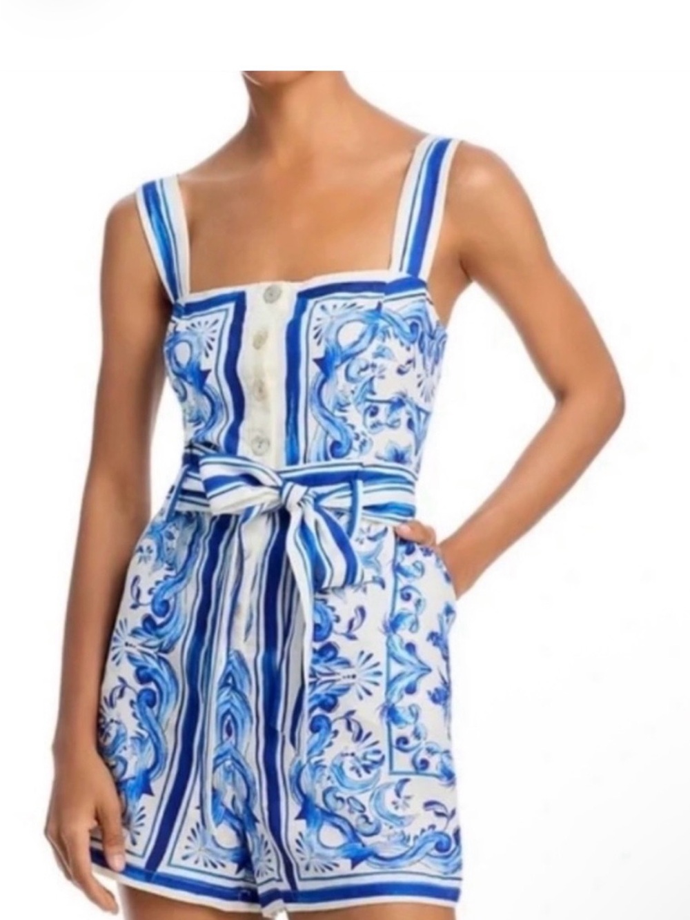 Blue & White Printed Sleeveless Romper with Waist Tie Farm Rio